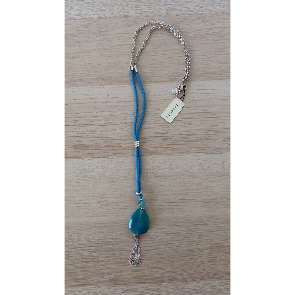 Talbots Womens Blue Cord Silver Tone Long Tassel Pendant Necklace CN4968 NWT